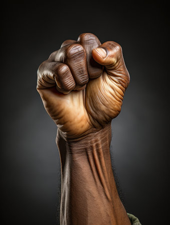 Fist of an african american man on a dark backgroundの素材