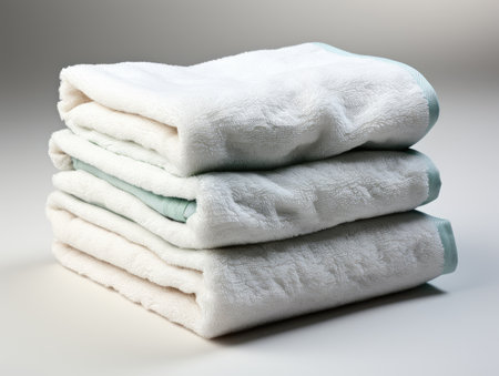 Stack of clean towels on a white background, close-up.の素材