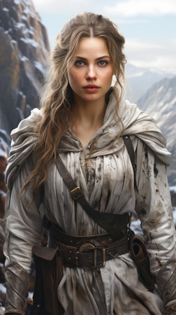 Portrait of a beautiful woman in the mountains. The girl is dressed in a medieval costume.の素材