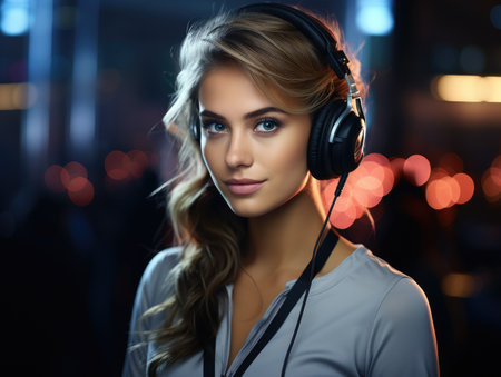 Portrait of beautiful young woman with headphones listening to music at night.の素材