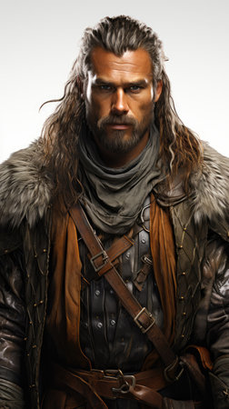 Portrait of a medieval warrior in a leather jacket and scarf.の素材