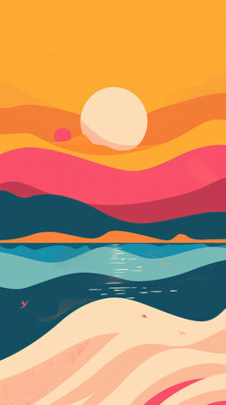 Seascape with waves and sunset. Vector illustration for your designの素材