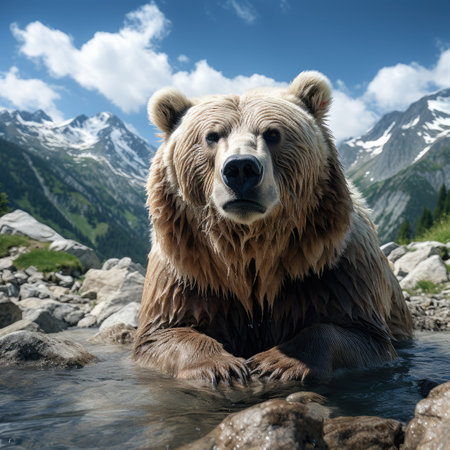 Brown bear in the water on a background of mountains and blue skyの素材