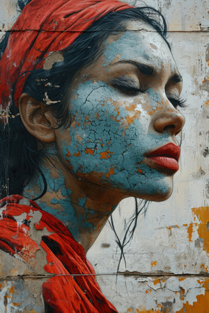 Beautiful young woman with painted face on graffiti wall. Street art concept.の素材