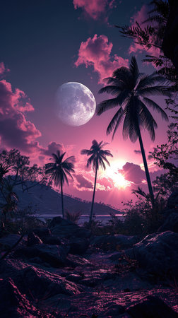 Tropical beach at sunset with palm trees and a full moonの素材
