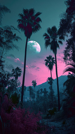 Fantasy landscape with palm trees and full moon in the night skyの素材