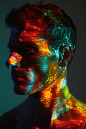 Portrait of a young man with bodyart painted with fluorescent colorsの素材