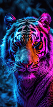 Portrait of a tiger in the forest at night. Close upの素材