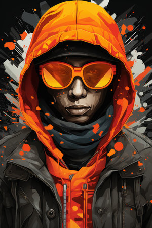Vector illustration of a man in a winter jacket with a hood and sunglassesの素材