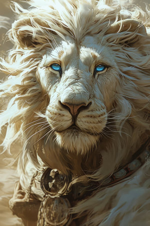 Portrait of a white lion with blue eyes in the desert.の素材