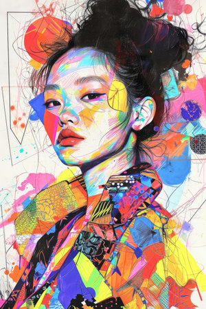 Portrait of beautiful asian woman with abstract colorful painting on wall.の素材