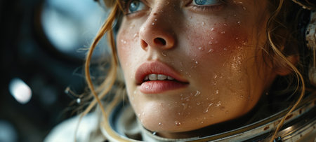Close-up portrait of a beautiful young woman in an astronaut helmet.の素材