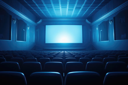 Empty cinema auditorium with blue screen and seats, 3d renderの素材