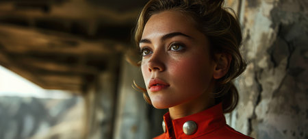 Portrait of a beautiful girl in a red coat with a red beltの素材
