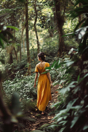 Woman in long yellow dress walking on the path in the jungle.の素材