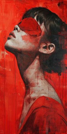 Beautiful girl with red blindfold on her eyes on a red backgroundの素材