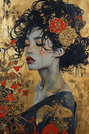 Portrait of a beautiful girl with red lips in a kimonoの素材