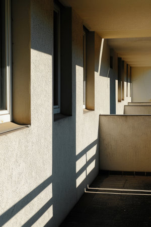Architectural detail of a modern building with shadows on the wallsの素材