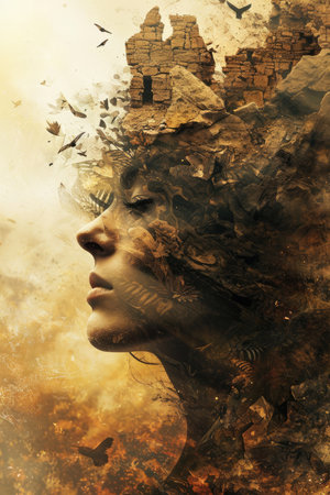 Portrait of a beautiful woman combined with a digital painting. Collage.の素材