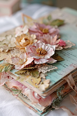 Old book with decorative flowers and lace on the table. Selective focusの素材