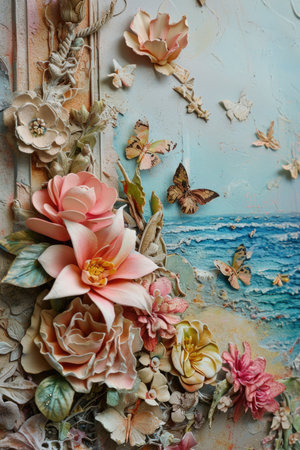 flowers and butterflies on the old wooden background. vintage style.の素材