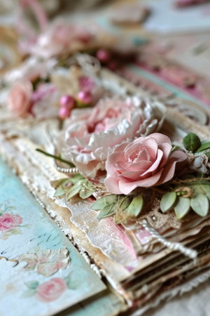 Vintage background with lace, roses and lace on old wooden tableの素材
