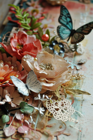 Beautiful vintage background with flowers, lace and butterflies. Selective focus.の素材