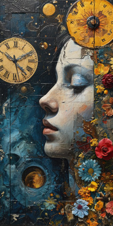 Portrait of a beautiful girl on the background of an old wall with clocks and flowersの素材