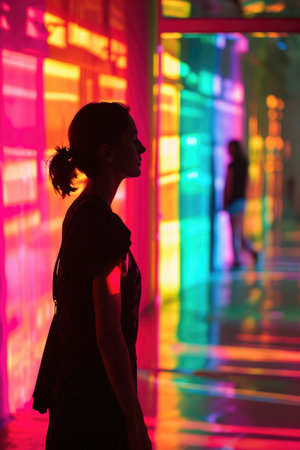 Young woman standing in front of colorful neon lights, back view.の素材