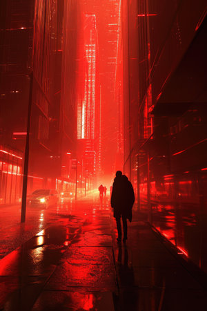 Silhouette of a man walking on the street in a foggy nightの素材