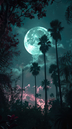 Fantasy night landscape with palm trees and full moon in the skyの素材