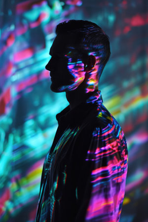 Portrait of a young man in neon light on a dark backgroundの素材
