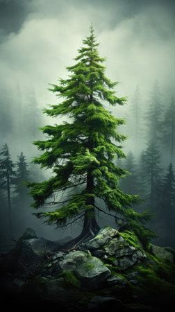 Foggy morning in the mountains. Pine tree in the fog.の素材