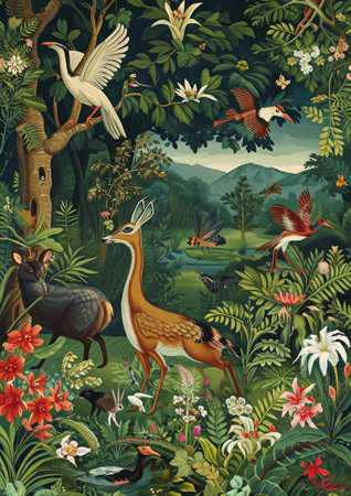 Beautiful forest scene with wild animals, birds and flowers. Vector illustrationの素材
