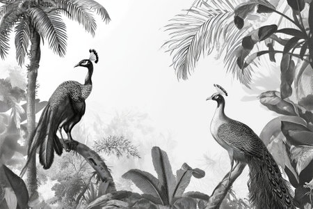 Peacock in the jungle. Black and white. 3D illustration.の素材
