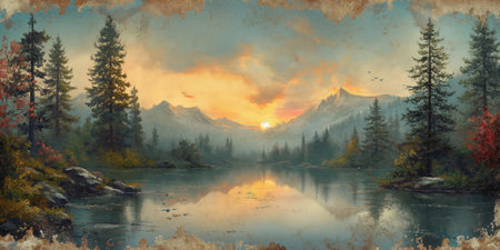 Mountain landscape with lake and forest at sunrise. Digital painting.の素材