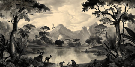 Watercolor painting of a mountain landscape with wild animals and trees.の素材