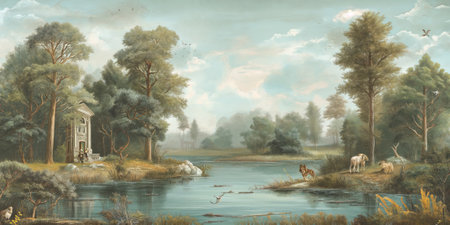 Digital painting of a river landscape with trees and horses in the foregroundの素材