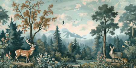 Mountain landscape with forest and deer. Digital painting. Vector illustration.の素材