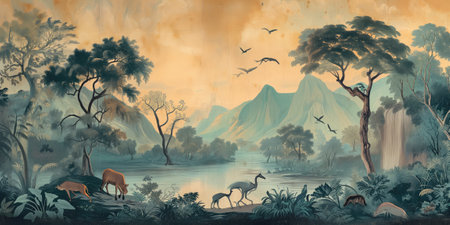 Illustration of wild animals in the jungle with mountains in the backgroundの素材