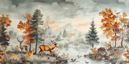 Digital painting of a deer in the forest with mountains in the backgroundの素材