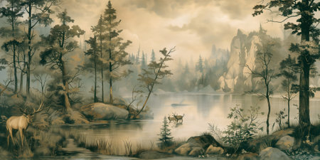 Digital painting of a forest lake with a moose in the foregroundの素材