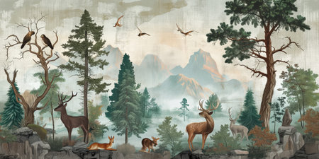 Mountain landscape with deer and forest. Digital painting. Illustration.の素材