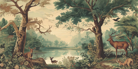 cartoon scene with deer in the forest by the lake - illustration for childrenの素材