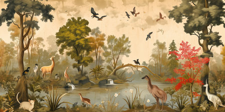 Illustration of a tropical forest with birds and ducks in the waterの素材
