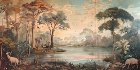 Digital painting of a forest landscape with a lake, birds and treesの素材