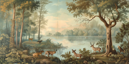 Digital painting of a forest with deer in the foreground and a lake in the backgroundの素材
