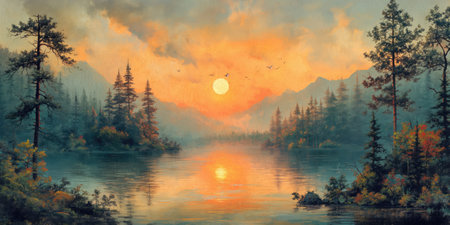 Fantasy landscape with a lake in the mountains at sunset. Digital painting.の素材