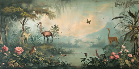 Fantasy landscape with flamingos in the jungle. Digital painting.の素材