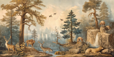Digital painting of a forest scene with wild animals in the foreground.の素材